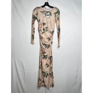 Sheer Bodycon Floral Maxi Dress Womens M Ruched Mesh Long Sleeve Sexy Fairy